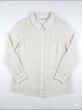 denim&co Eyelet Button-Up Shirt‎ in White Size 2x Plus Size Cottage Core